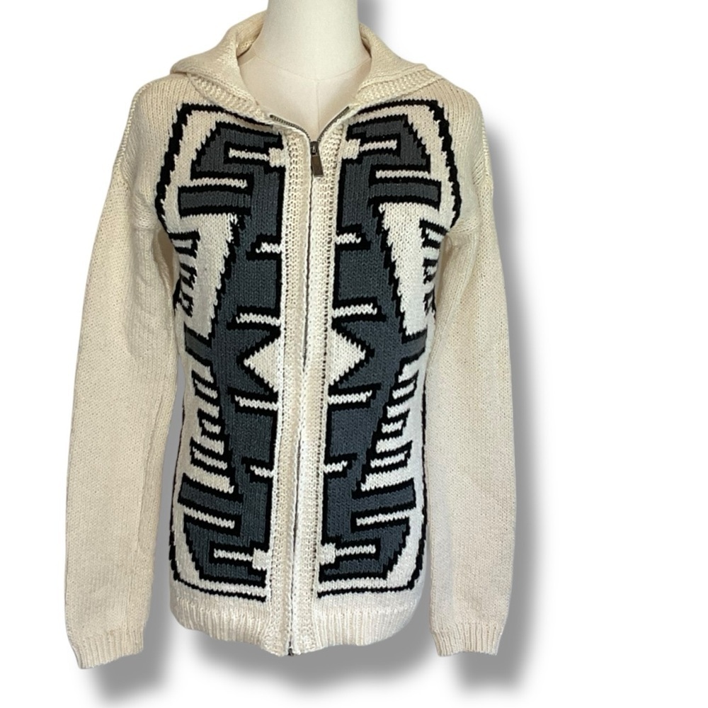 Kismet Cardigan Sweater Cream Grey Hooded Knit Long Zip Aztec Southwest Size XS